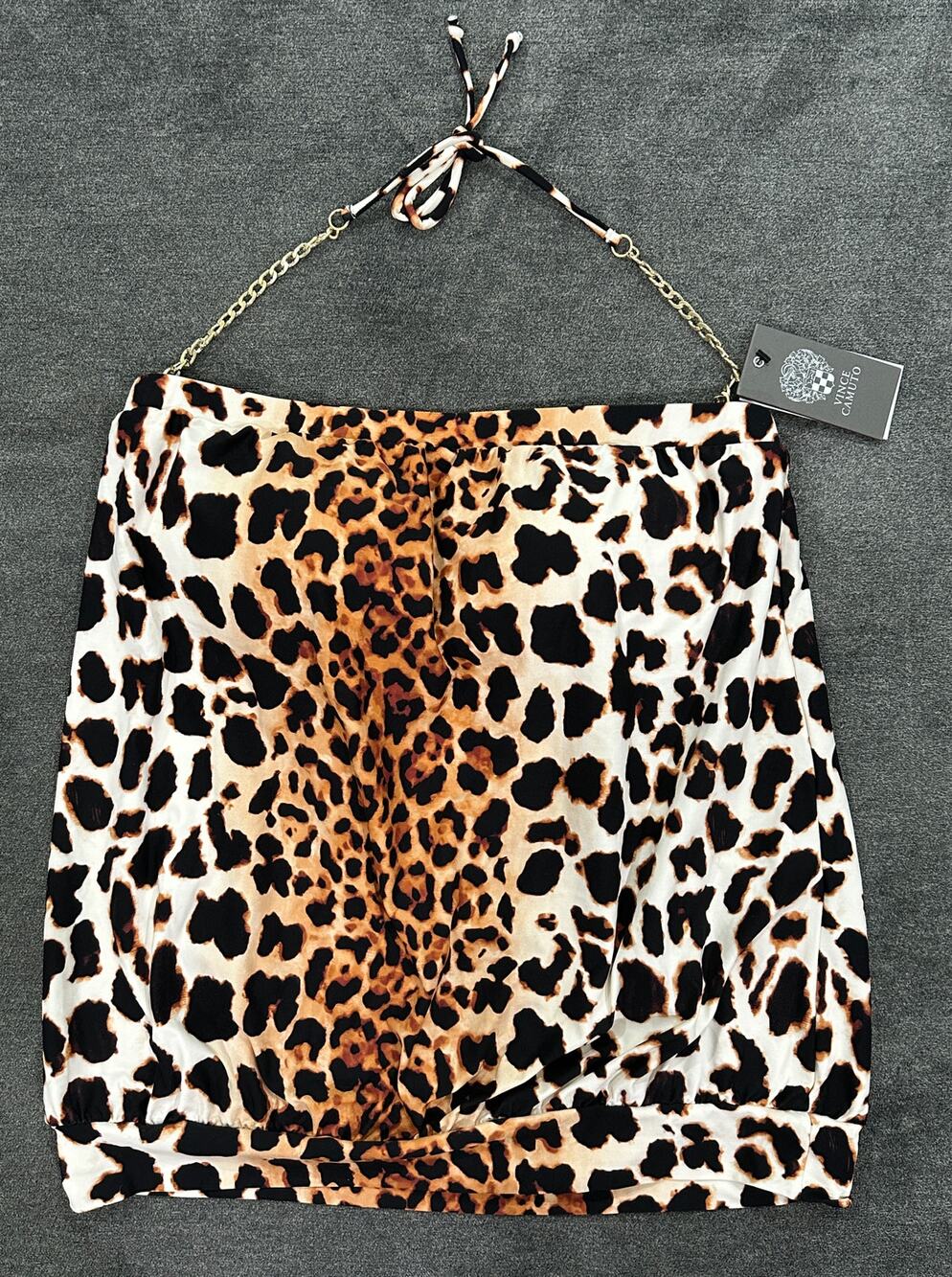 Vince Camuto Bathing Suit Tankini Top Black Animal Print Gold Chain Sz Large NWT